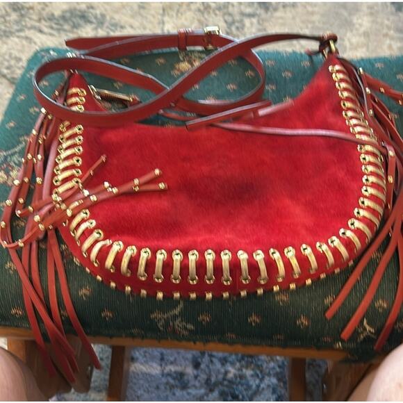Michael Michael Kors Red and Gold Grommet Whipstitch Suede Fringe Rhea Crossbody - Picture 2 of 11